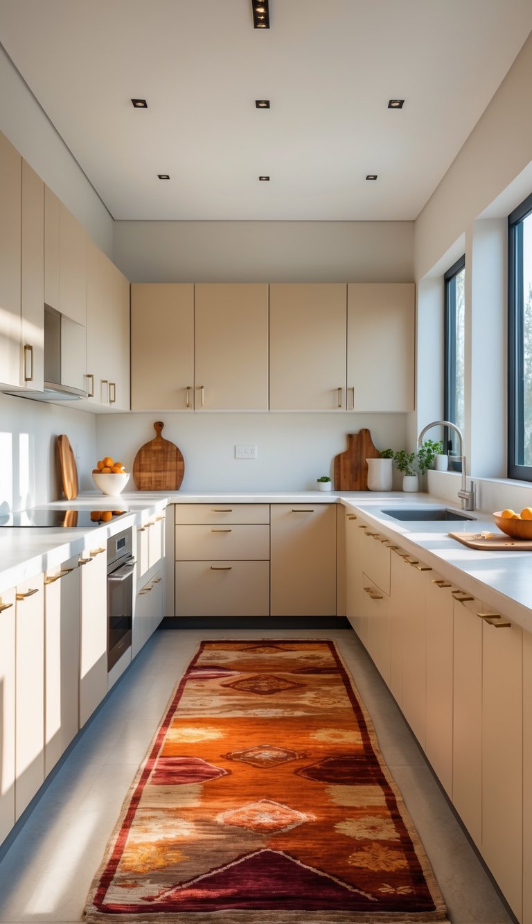 A spacious kitchen with beige cabinets and a warm-colored cozy rug on the floor.