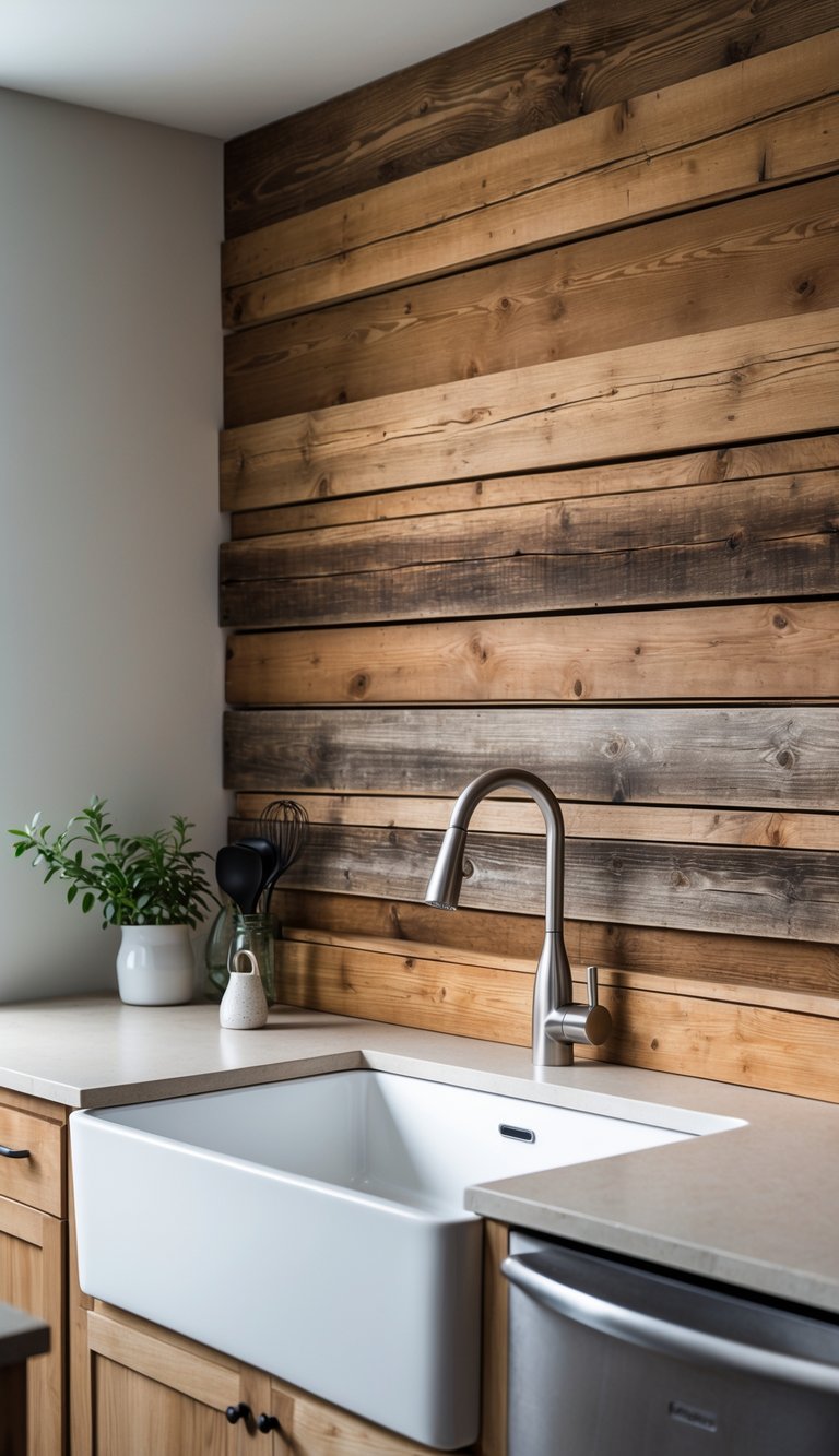 21 Kitchen Sink No Window Ideas for a Fresh, Modern Look 5 A kitchen sink with wooden planks mounted on the wall above it, no window visible.