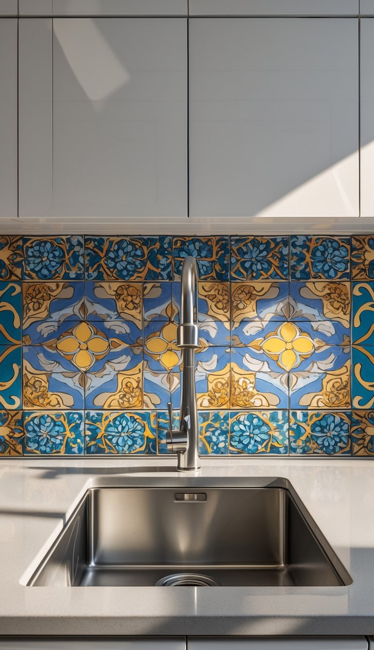 21 Kitchen Sink No Window Ideas for a Fresh, Modern Look 13 A kitchen sink with a decorative tile backsplash featuring bold patterns and no window visible.