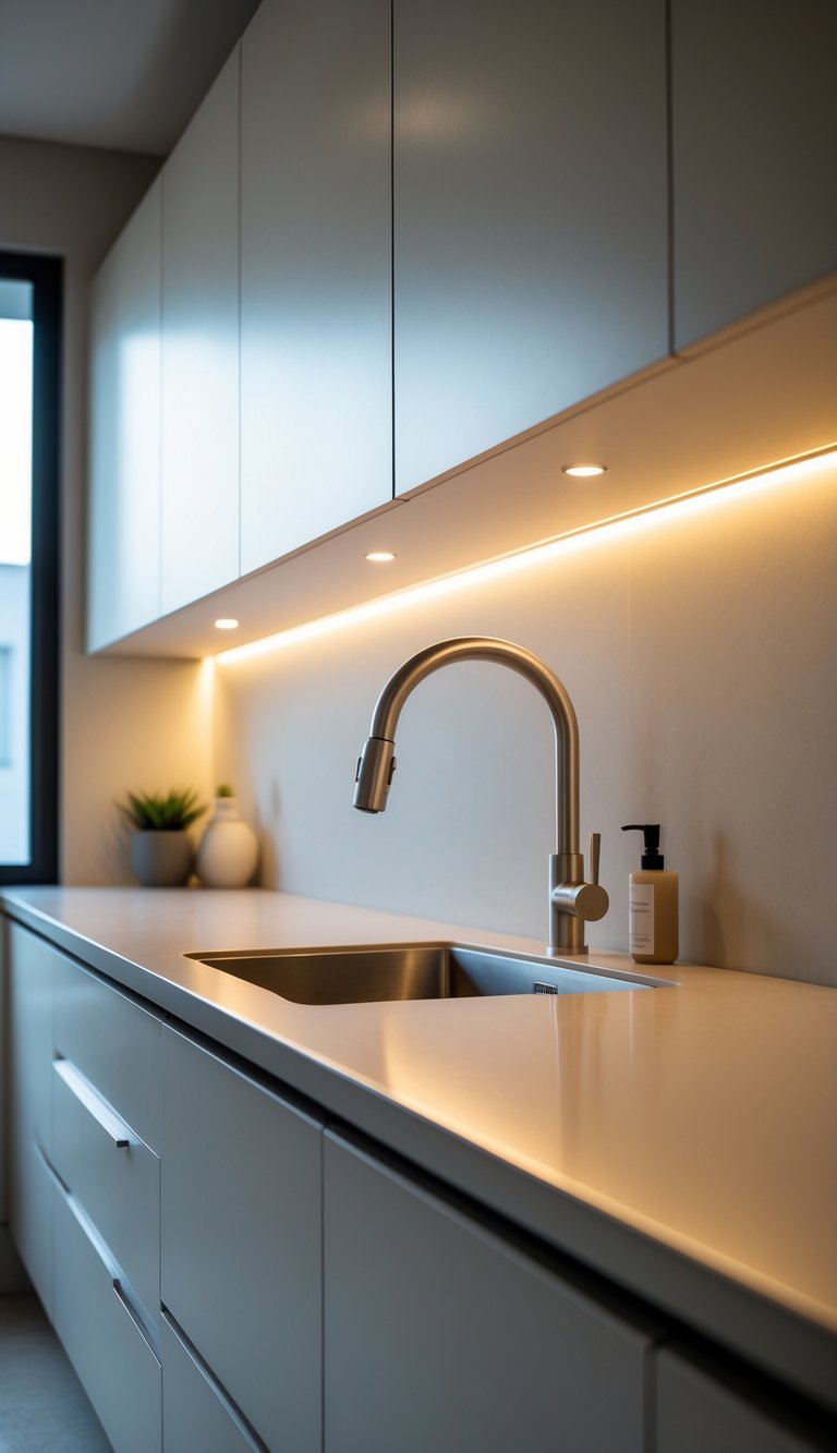 21 Kitchen Sink No Window Ideas for a Fresh, Modern Look 16 A kitchen sink area illuminated by soft under-shelf lighting with no windows visible.
