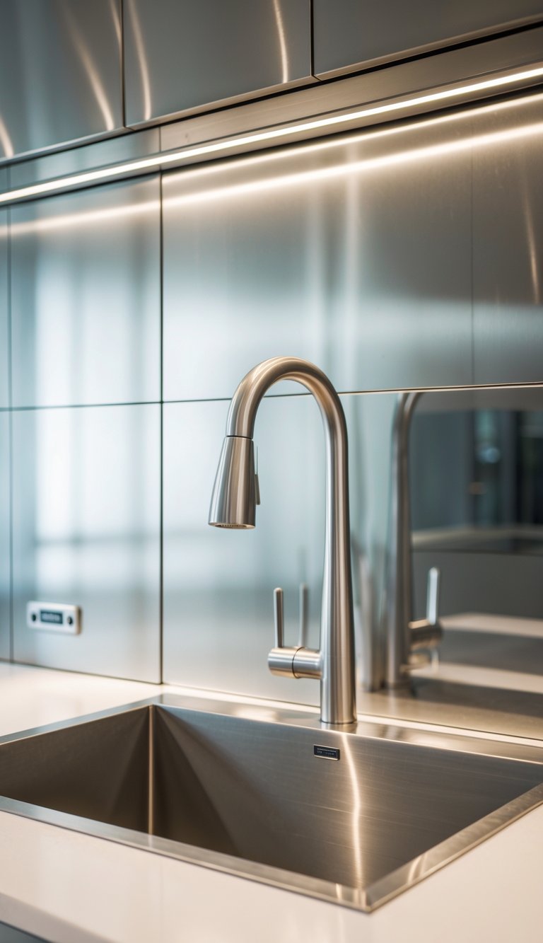 21 Kitchen Sink No Window Ideas for a Fresh, Modern Look 17 A modern kitchen with a stainless steel panel backsplash and a large stainless steel sink, with no windows visible.