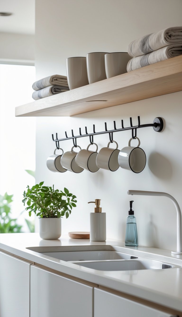21 Kitchen Sink No Window Ideas for a Fresh, Modern Look 19 Kitchen sink area with hooks installed above holding mugs and kitchen towels, with a clean countertop and backsplash.