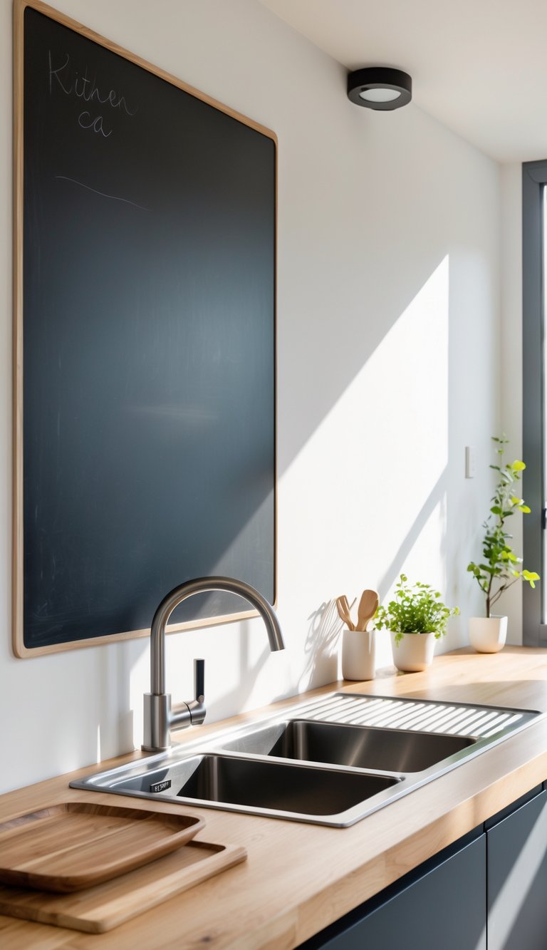 21 Kitchen Sink No Window Ideas for a Fresh, Modern Look 20 A modern kitchen sink area with a blank chalkboard panel on the wall and clean countertops.