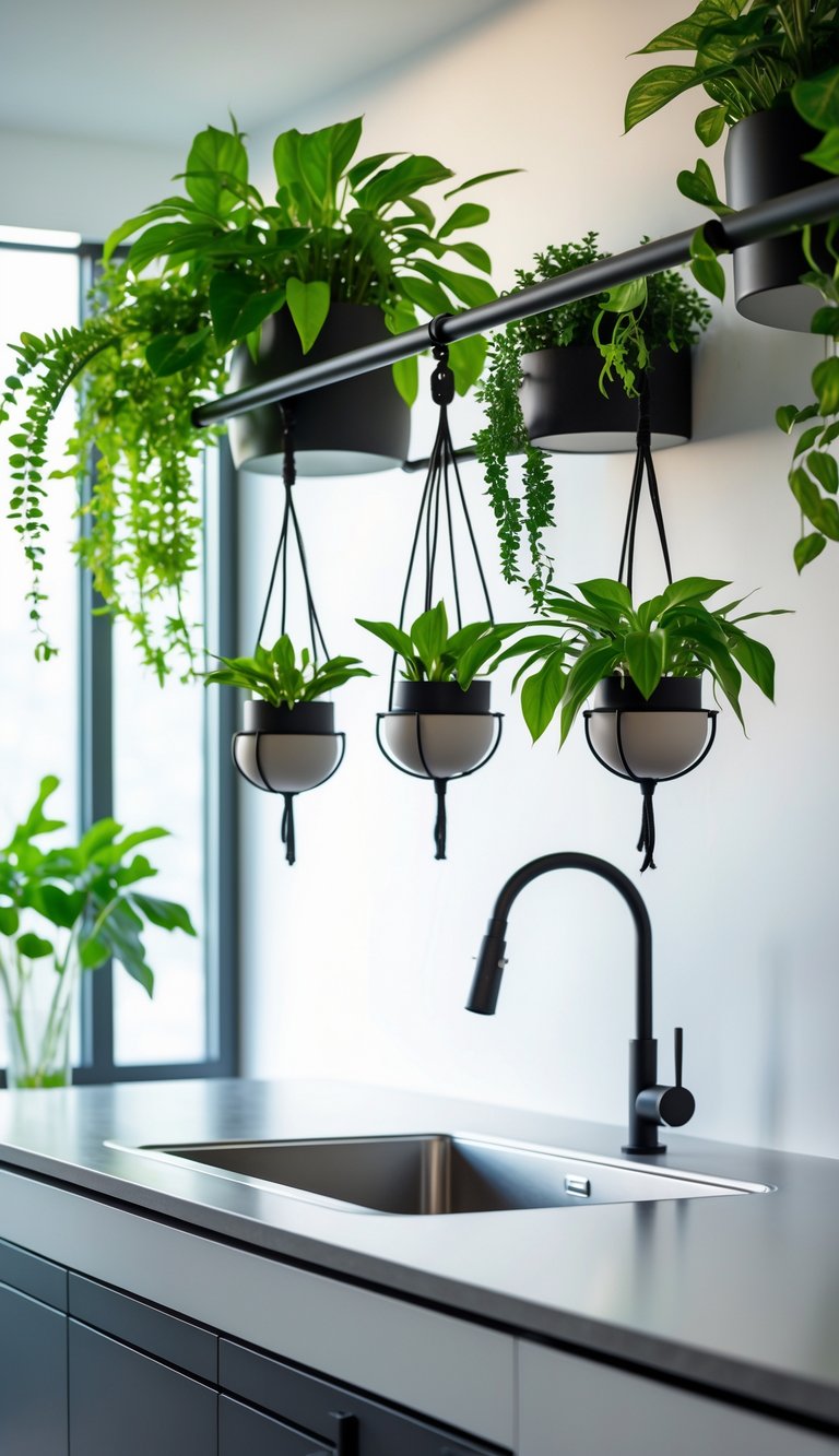 21 Kitchen Sink No Window Ideas for a Fresh, Modern Look 21 Kitchen sink area with a bar-style rail holding hanging green plants, no windows visible.