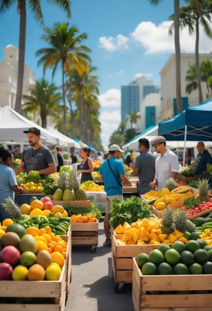 Outdoor farmers market in Miami with fresh tropical fruits and vegetables displayed on tables and people shopping under a sunny sky.
