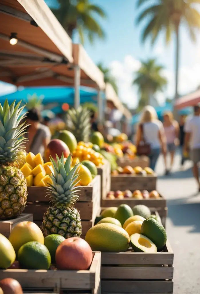 Outdoor farmers market in Miami with fresh tropical fruits displayed and people browsing under clear blue skies.