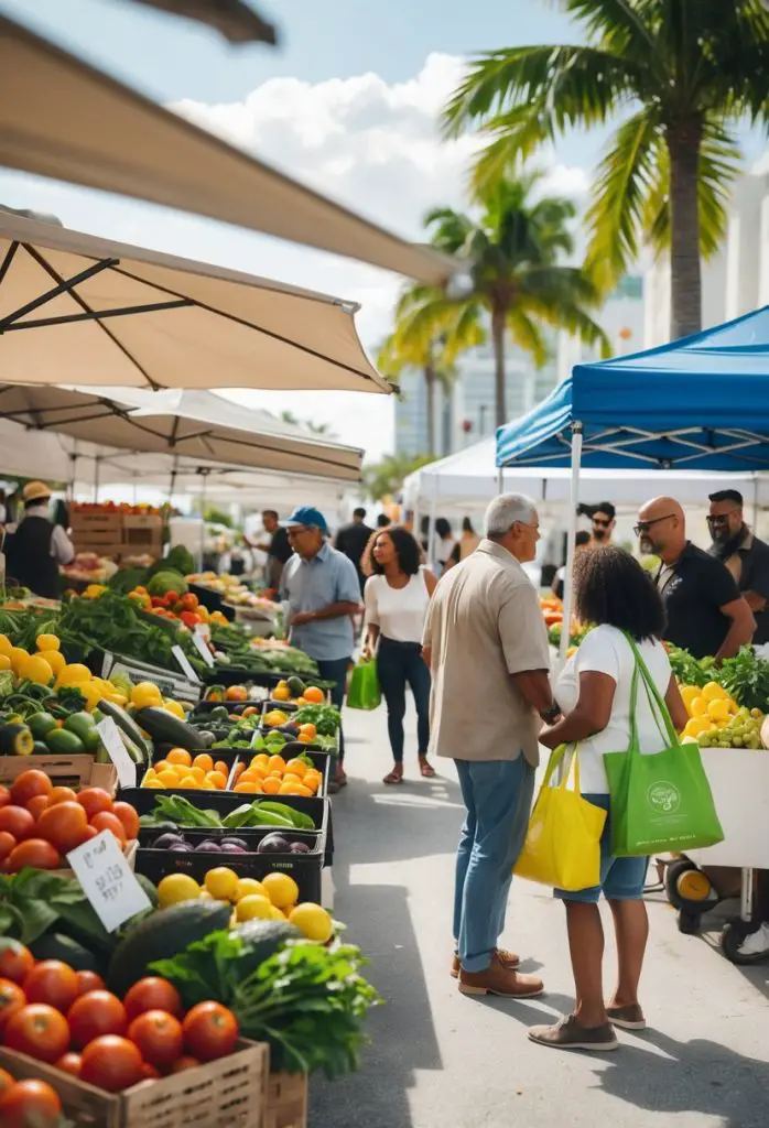Outdoor farmers market in Miami with fresh tropical fruits displayed and people browsing under clear blue skies.