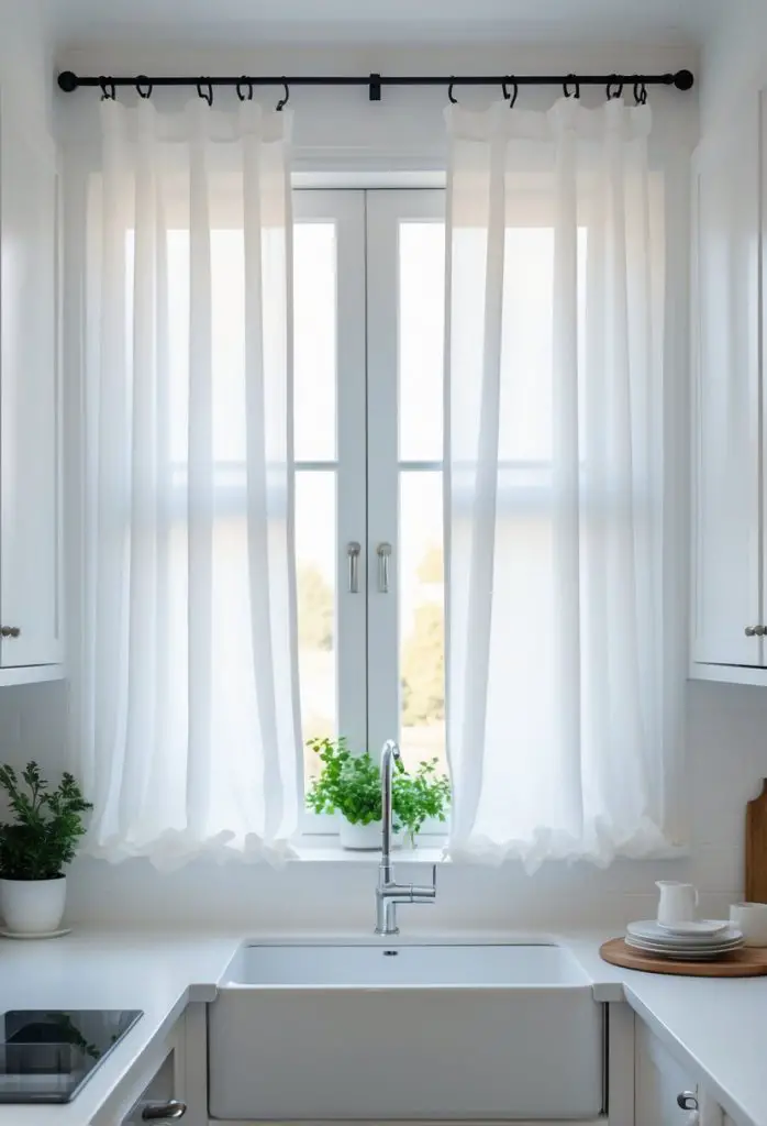 6) Classic white café curtains for minimalist style