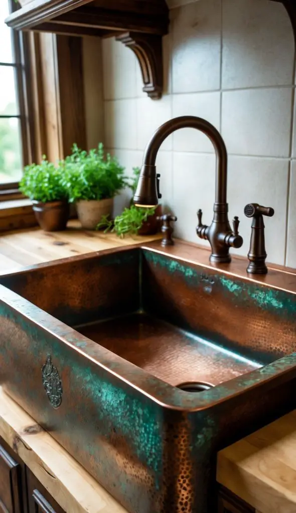 A copper farmhouse kitchen sink with a patina finish installed in a wooden countertop, surrounded by kitchen decor and natural light.