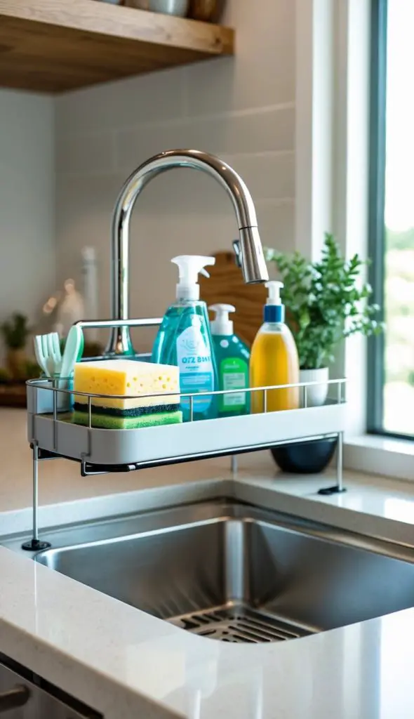 A kitchen sink with a tiered sink caddy organizer holding cleaning supplies and a small plant.