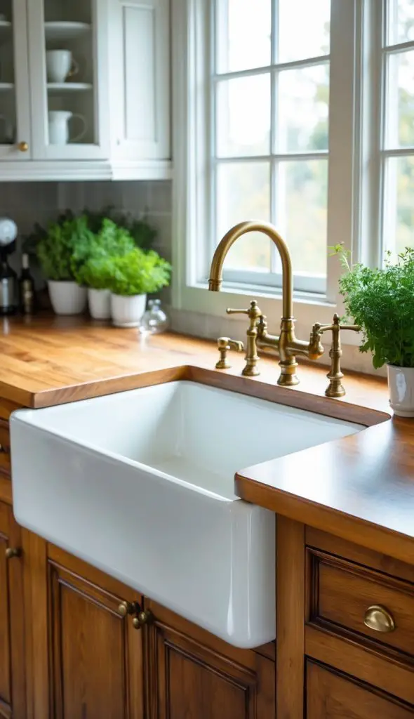 A kitchen with a white apron front sink, wooden countertop, brass faucet, and decorative items near a window.