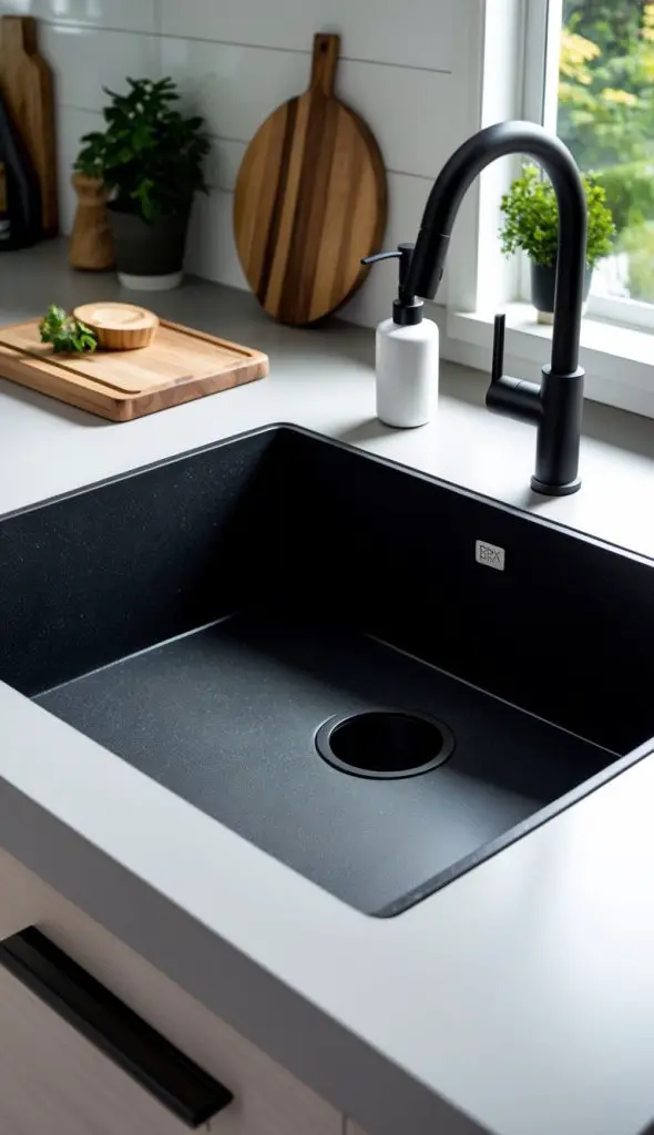 A matte black granite composite kitchen sink on a light countertop with kitchen decor items around it.