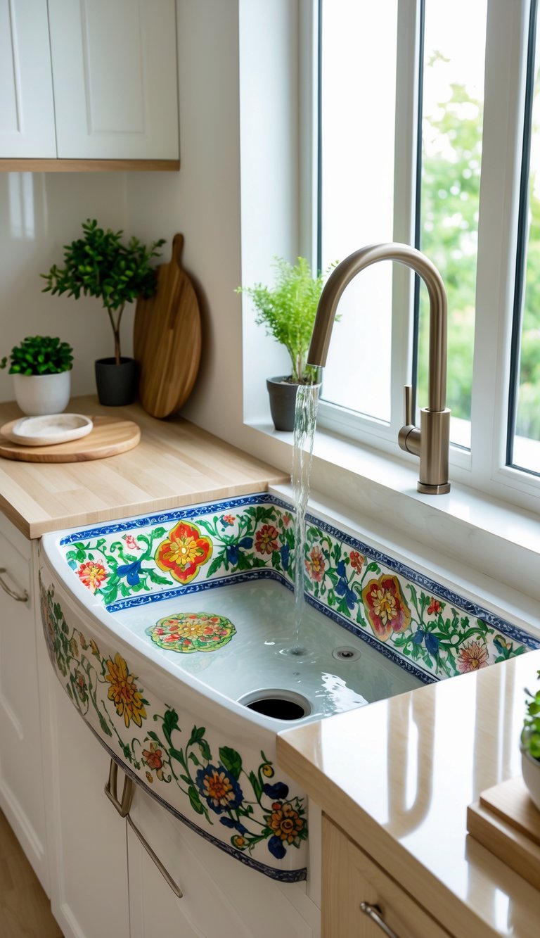 A hand-painted ceramic kitchen sink basin with colorful patterns installed in a modern kitchen with wooden countertops and a metal faucet.