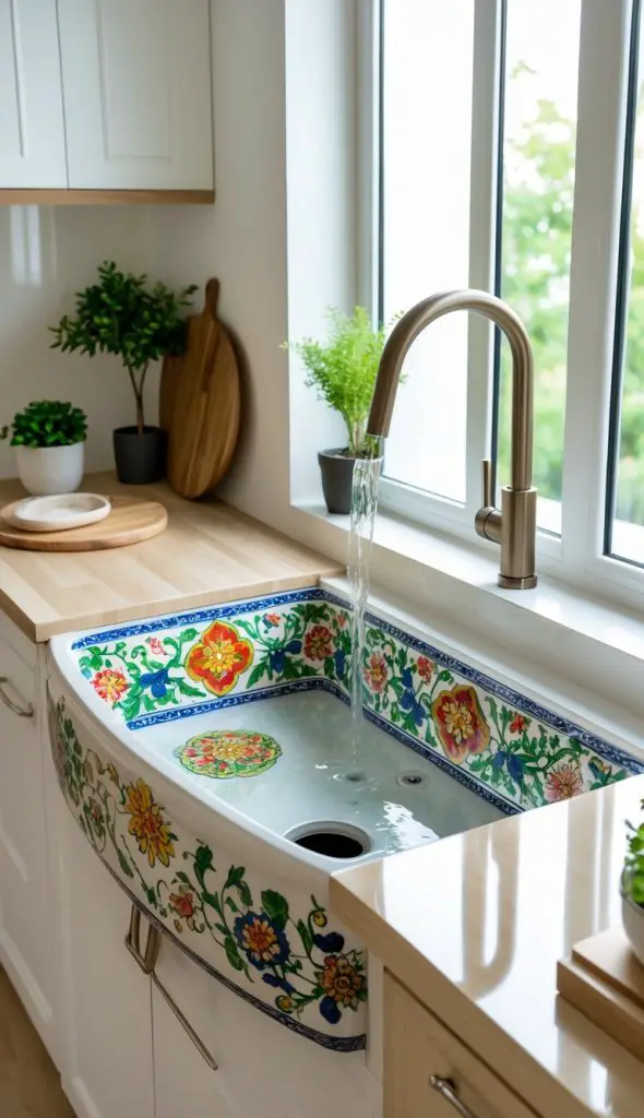 A hand-painted ceramic kitchen sink basin with colorful patterns installed in a modern kitchen with wooden countertops and a metal faucet.