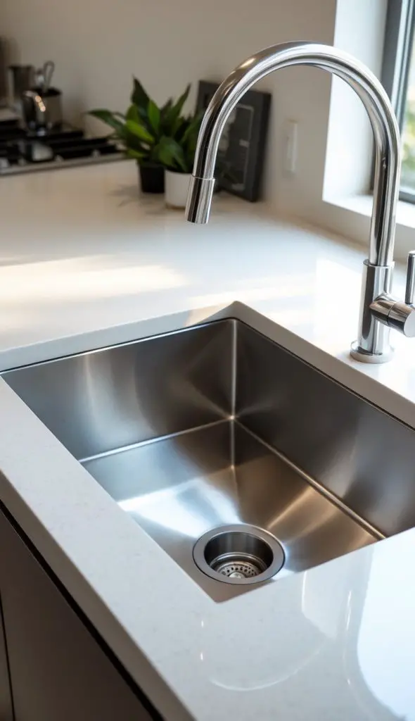A clean stainless steel undermount kitchen sink installed in a light-colored countertop with a modern faucet and minimal decor.