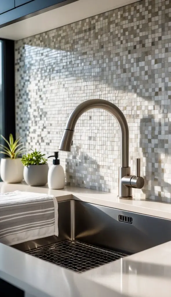 A kitchen sink with a marble mosaic backsplash and a stainless steel faucet surrounded by minimal decor.
