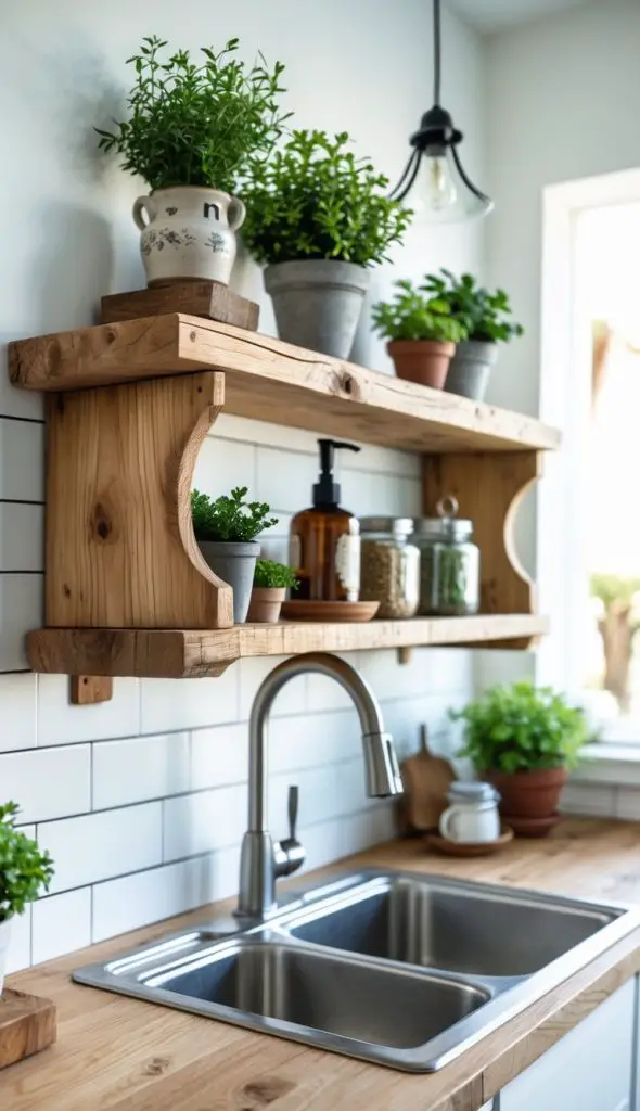A rustic wooden shelf above a kitchen sink holding potted plants and kitchen items in a bright kitchen.