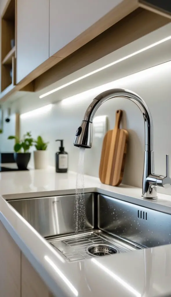 A modern kitchen sink with a stainless steel under-sink pull-out spray faucet extended over the basin, surrounded by simple kitchen decor and cabinetry.