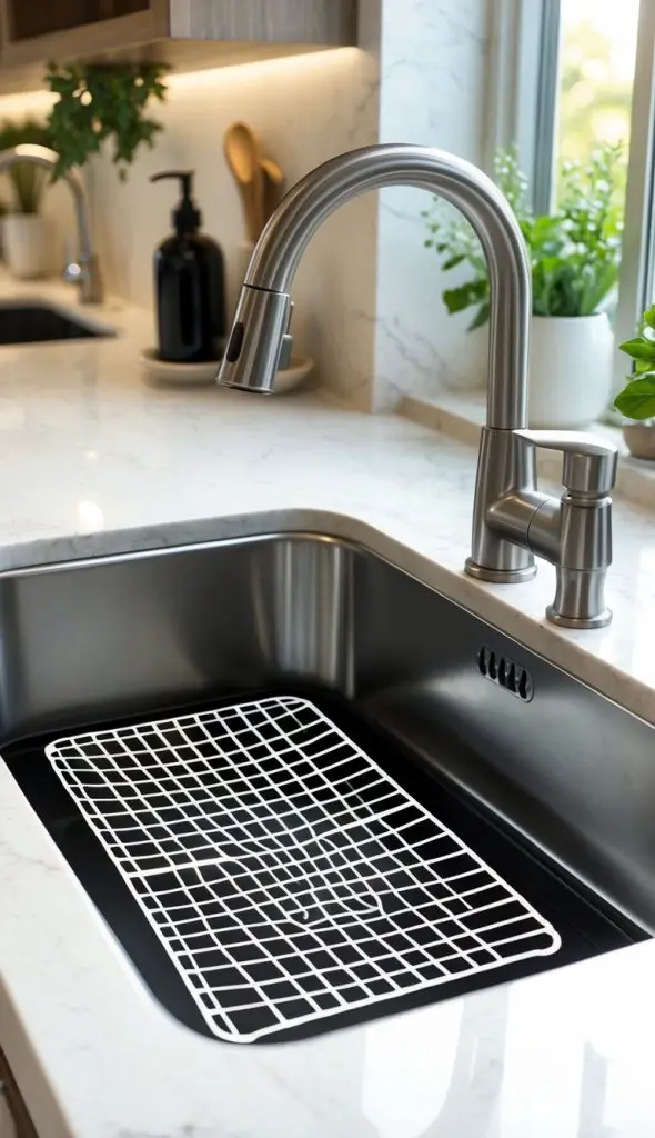 A modern kitchen sink with a decorative metal grid protector inside, surrounded by a clean countertop and kitchen accessories.