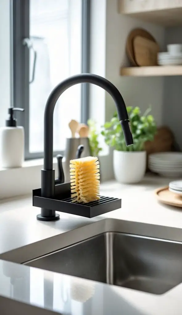 A kitchen sink area with a slimline sponge and brush holder placed beside the sink, surrounded by a clean countertop and kitchen accessories.