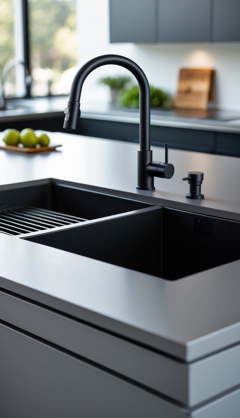 17 Kitchen Island Ideas With Sink for Modern and Functional Spaces 4 A matte black sink with a matching faucet installed on a gray kitchen island.