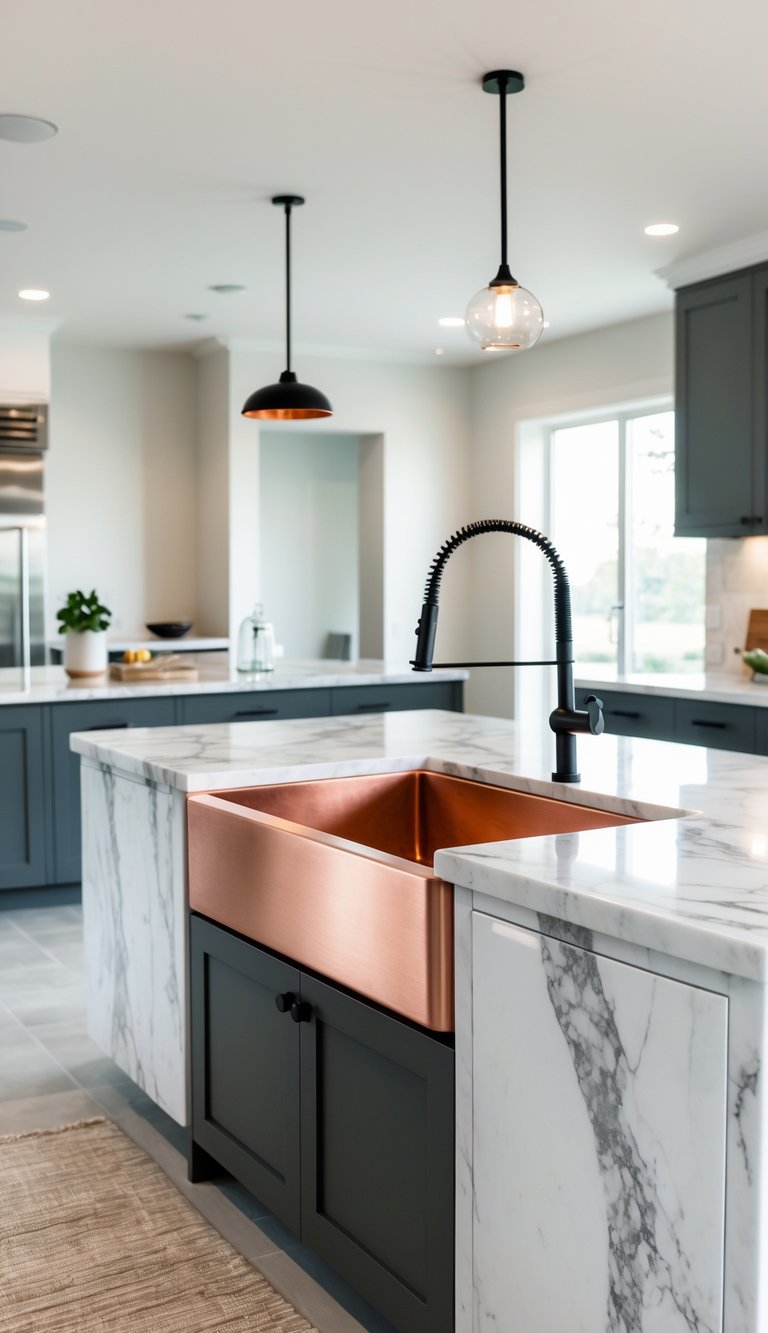 17 Kitchen Island Ideas With Sink for Modern and Functional Spaces 6 A kitchen island with a marble countertop and a copper farmhouse sink in the center.