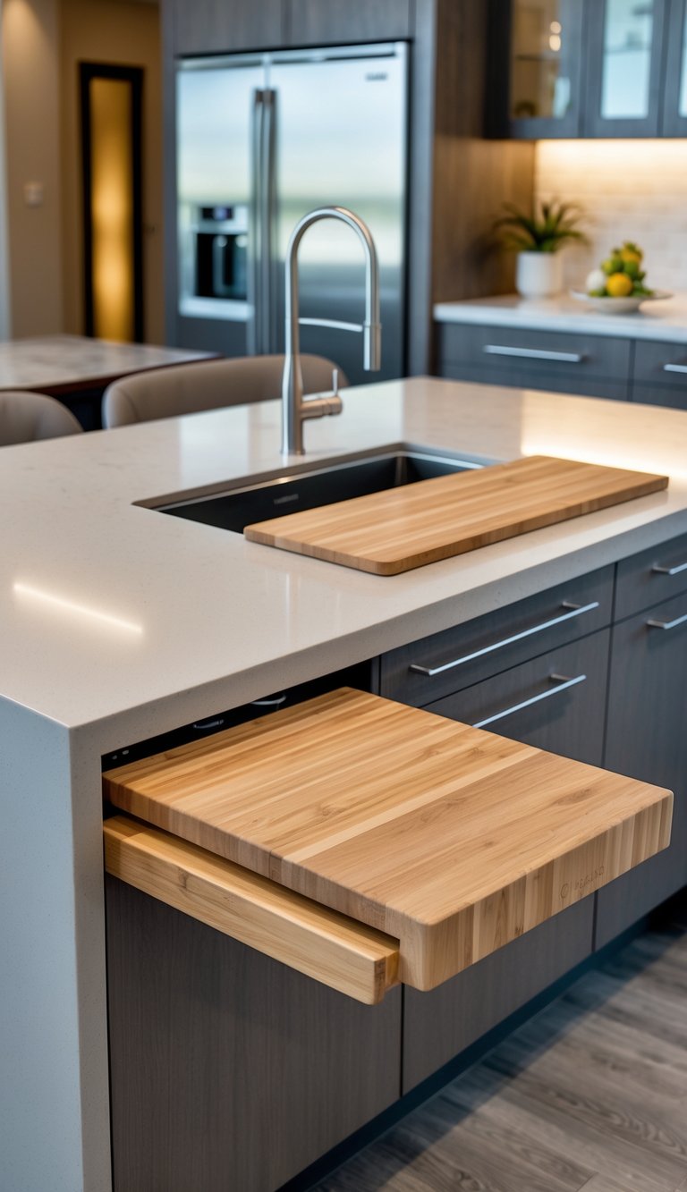17 Kitchen Island Ideas With Sink for Modern and Functional Spaces 7 A kitchen island with a sink and a built-in wooden cutting board extension in a modern kitchen.