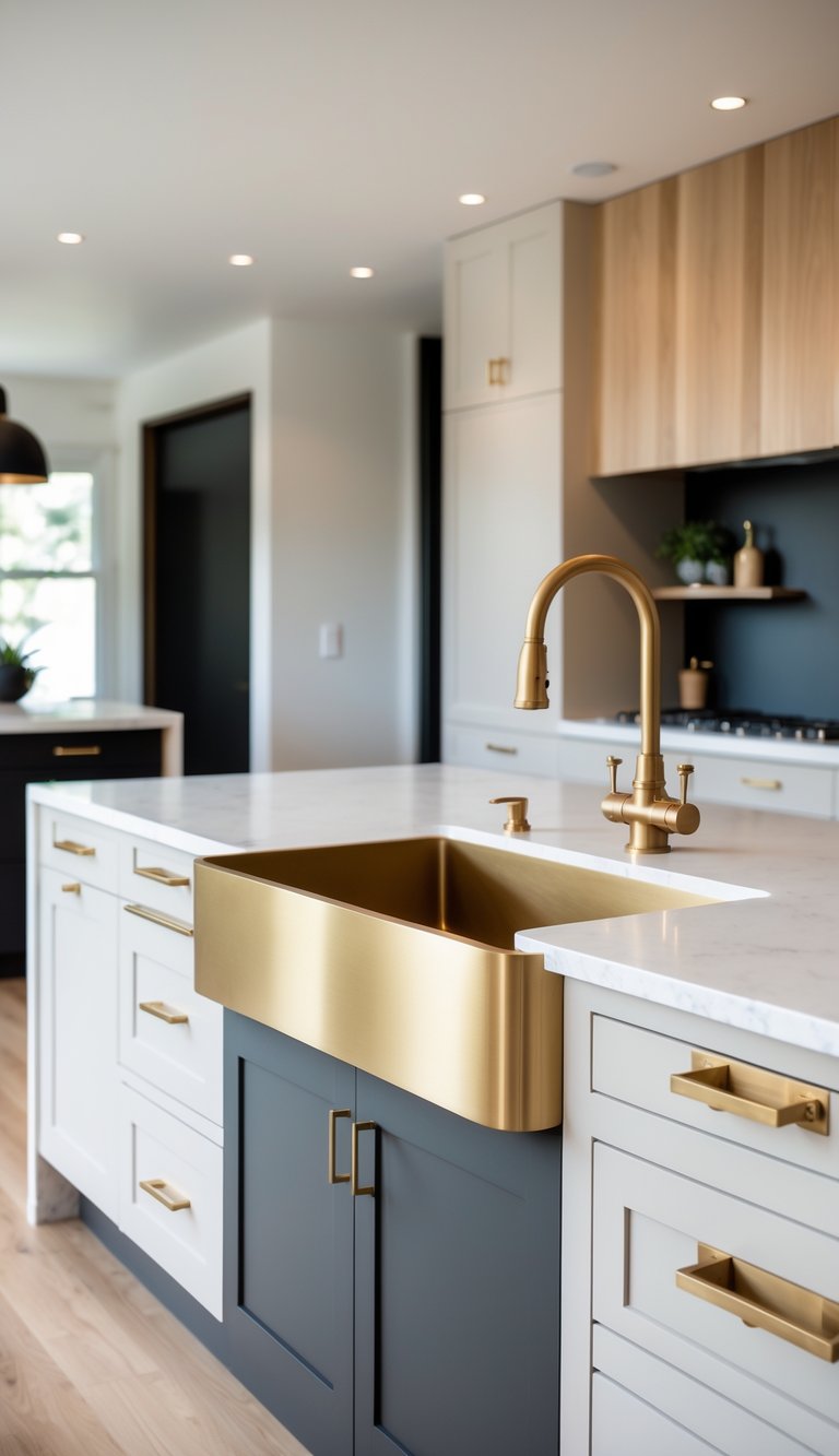 17 Kitchen Island Ideas With Sink for Modern and Functional Spaces 14 A kitchen with a two-tone island featuring a brass sink and brass hardware.