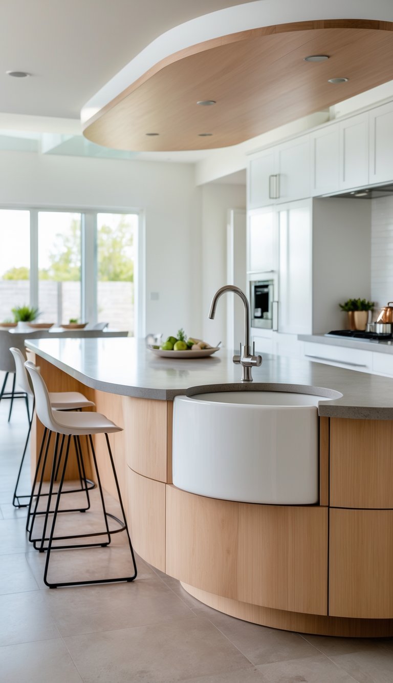 17 Kitchen Island Ideas With Sink for Modern and Functional Spaces 17 Kitchen with a custom curved island featuring a white ceramic farmhouse sink and modern bar stools.