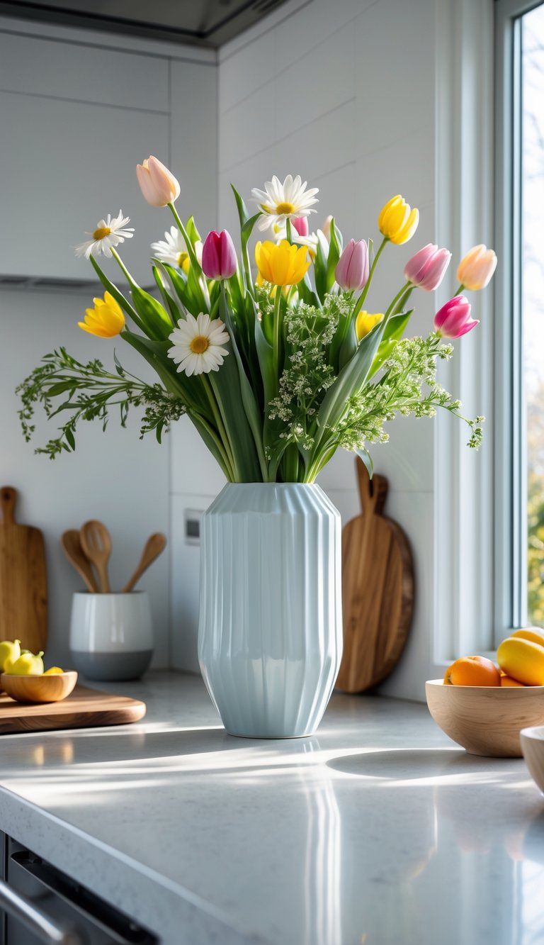 A kitchen countertop with a vase of fresh seasonal flowers and simple kitchen decor items.