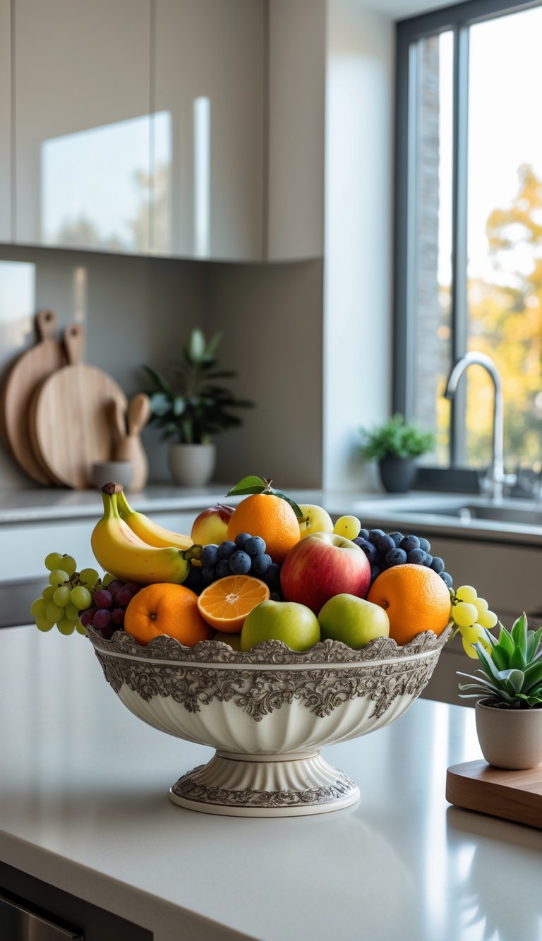 A kitchen countertop with a vintage-style fruit bowl filled with fresh fruits and surrounding kitchen decor.