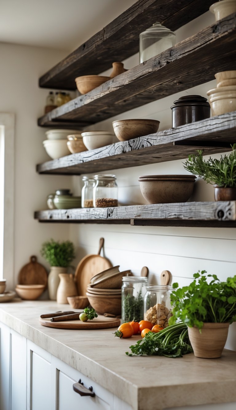 A kitchen with dark distressed wood open shelves holding dishes, jars, and plants above a clean countertop.