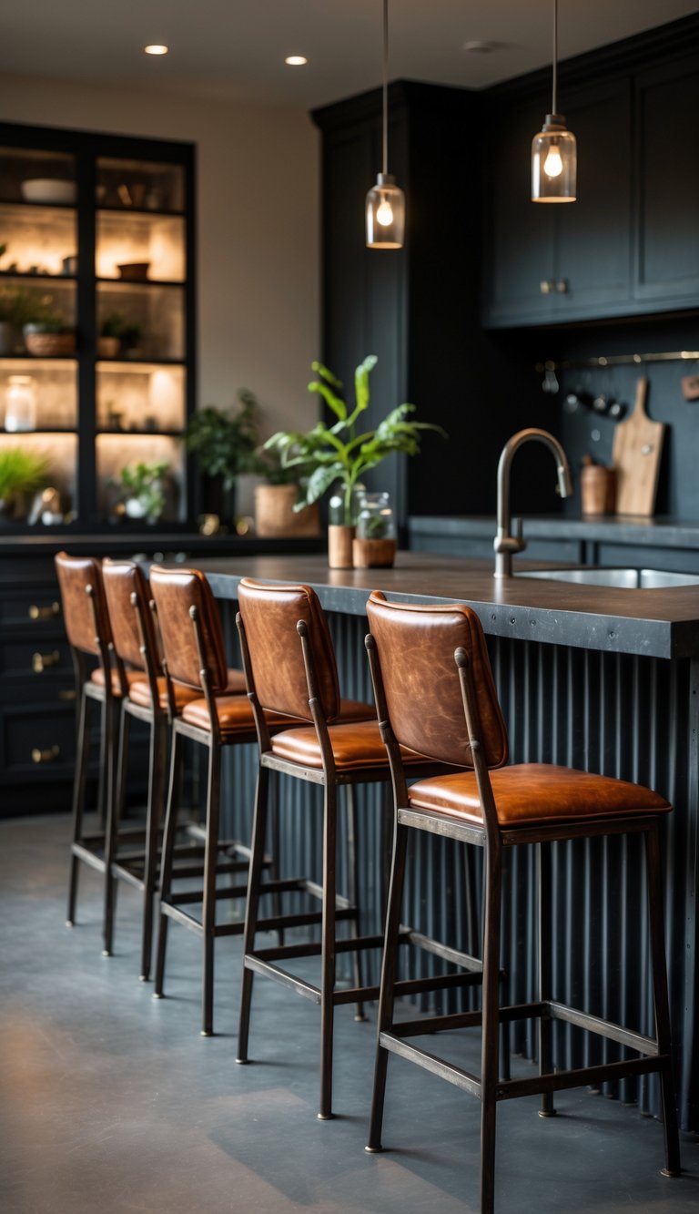 A kitchen with warm brown leather bar stools lined up along a dark kitchen island with corrugated metal panels.