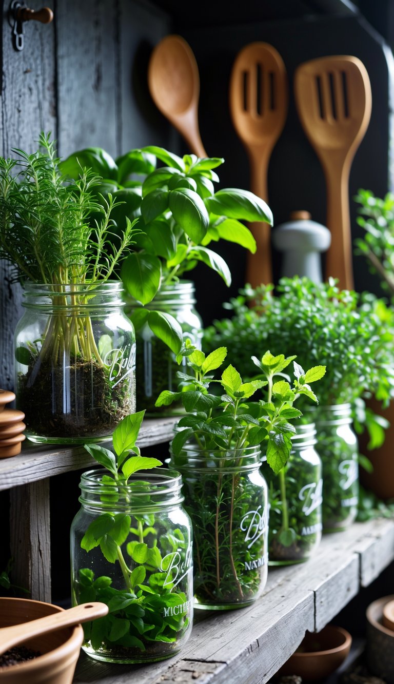 A kitchen display of mason jars filled with fresh green herbs arranged on a wooden shelf.