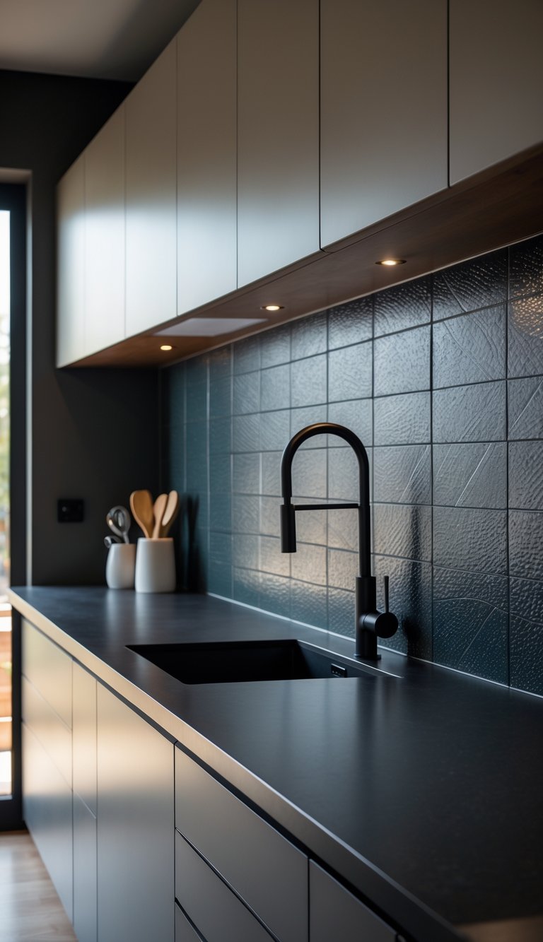 Close-up view of a kitchen backsplash made of dark charcoal textured ceramic tiles above a clean countertop with cabinets and fixtures.