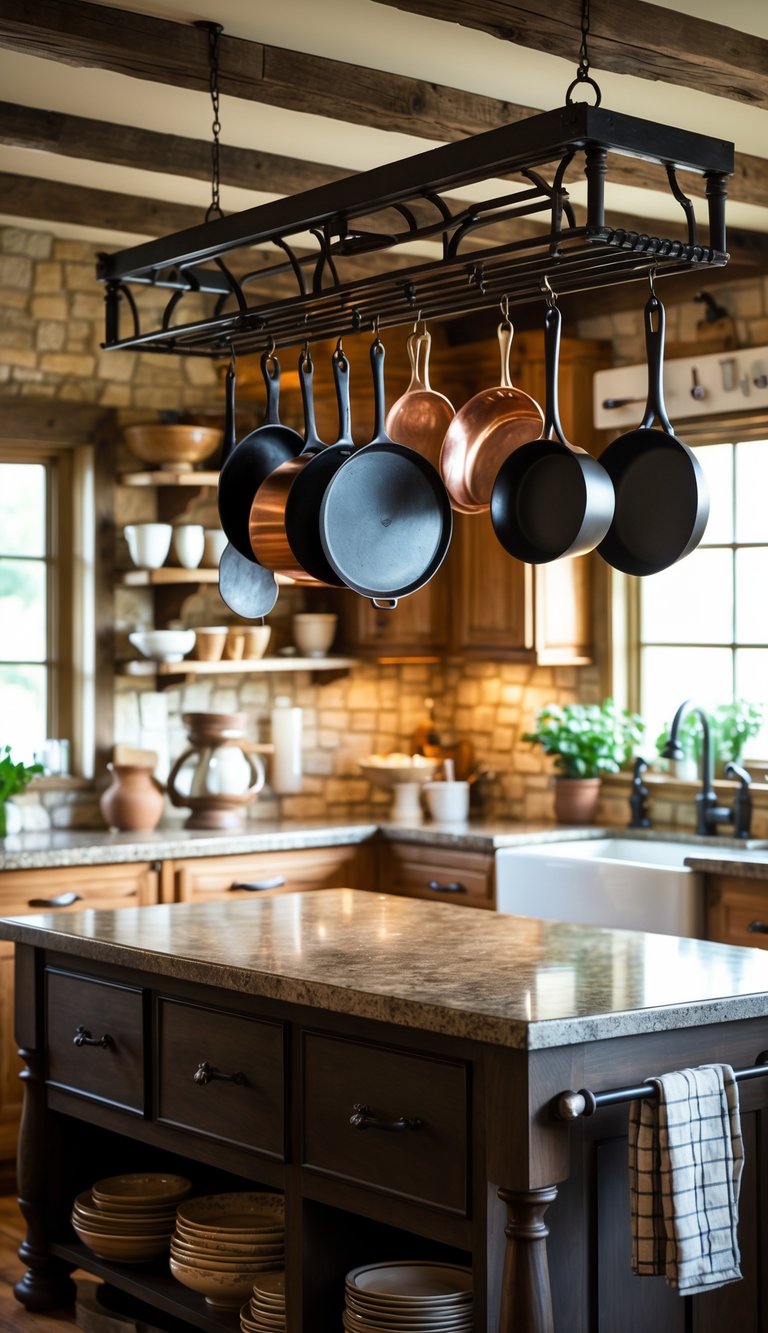 A kitchen with a dark wrought iron pot rack holding pots and pans above a wooden island, surrounded by wooden cabinets and kitchen utensils.