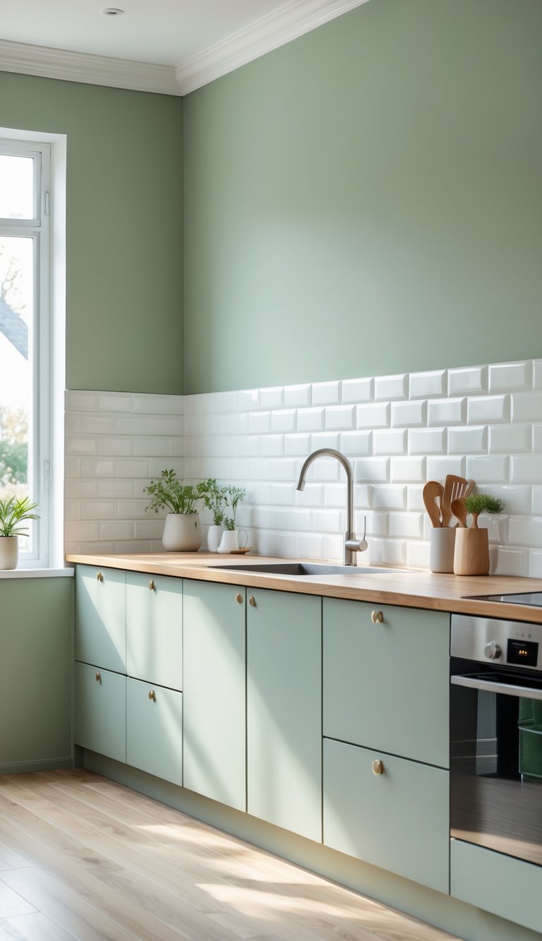 A kitchen with sage green painted walls and a white subway tile backsplash above the countertop.