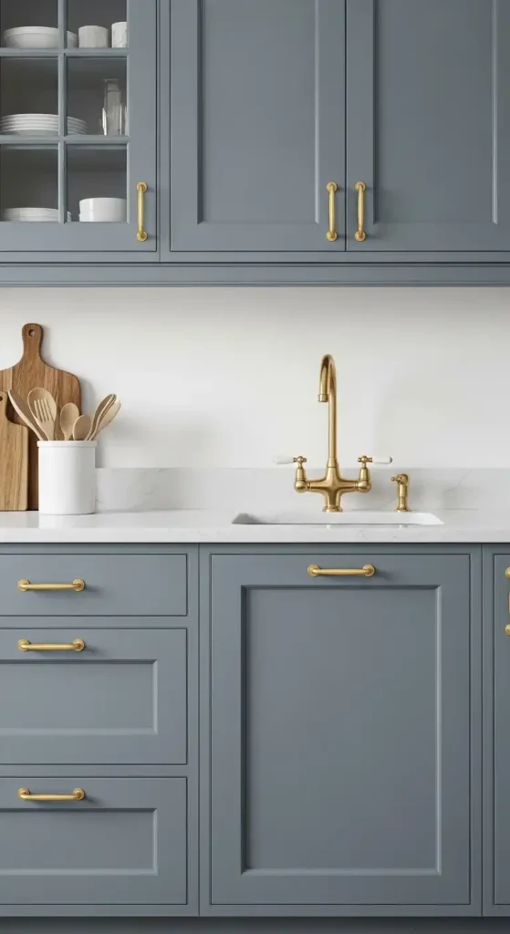 23 Blue Gray Kitchen Cabinets Ideas to Elevate Your Space 13 12) Blue gray cabinets with gold fixtures for luxury
