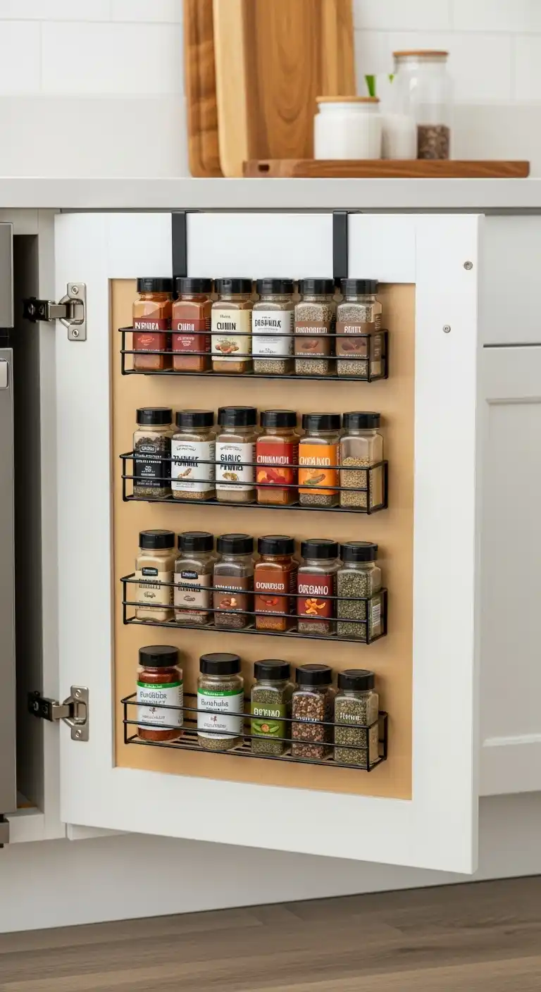 12) Mount spice racks inside cabinet doors