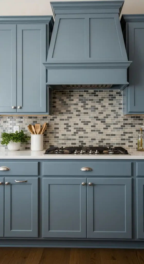 23 Blue Gray Kitchen Cabinets Ideas to Elevate Your Space 15 14) Blue gray cabinets with multi-colored mosaic backsplash