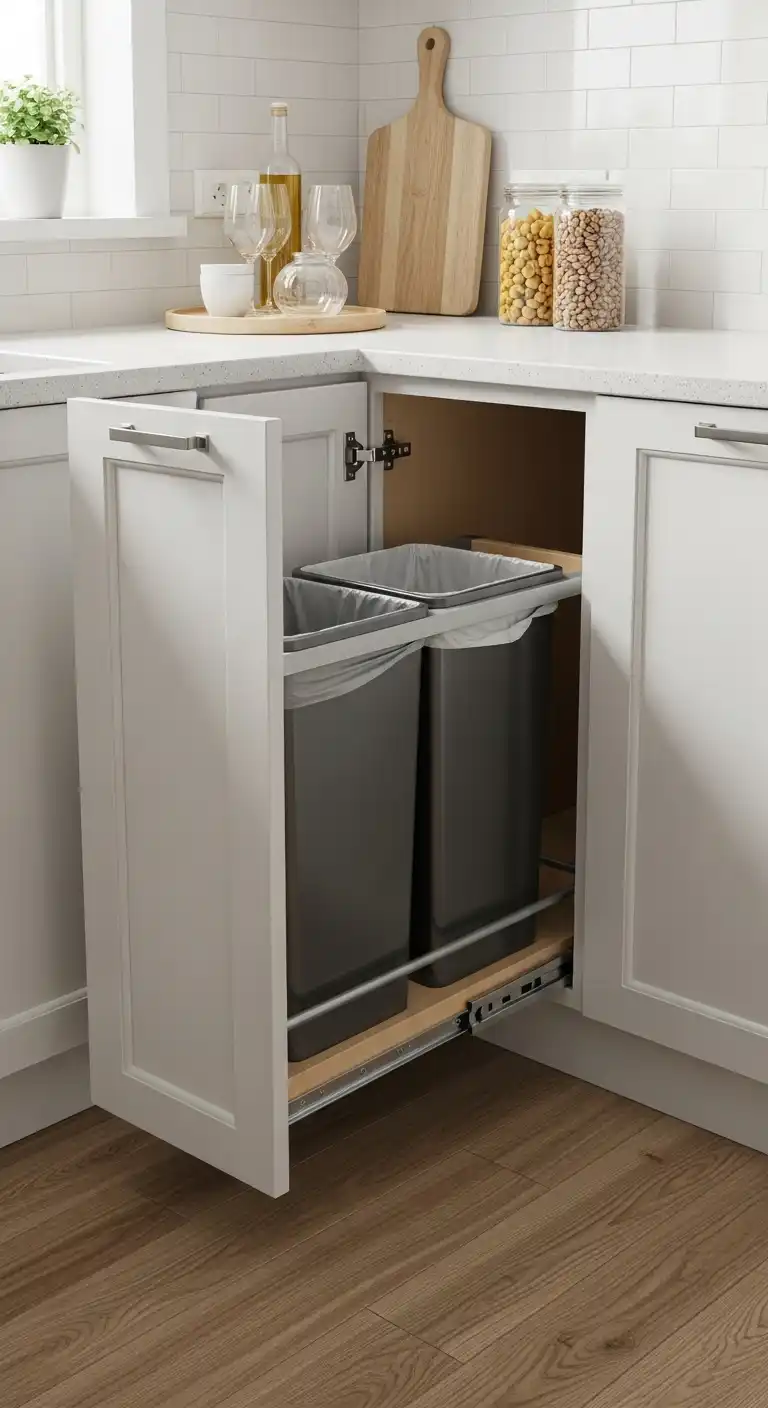 14) Corner cabinet with pull-out trash bin