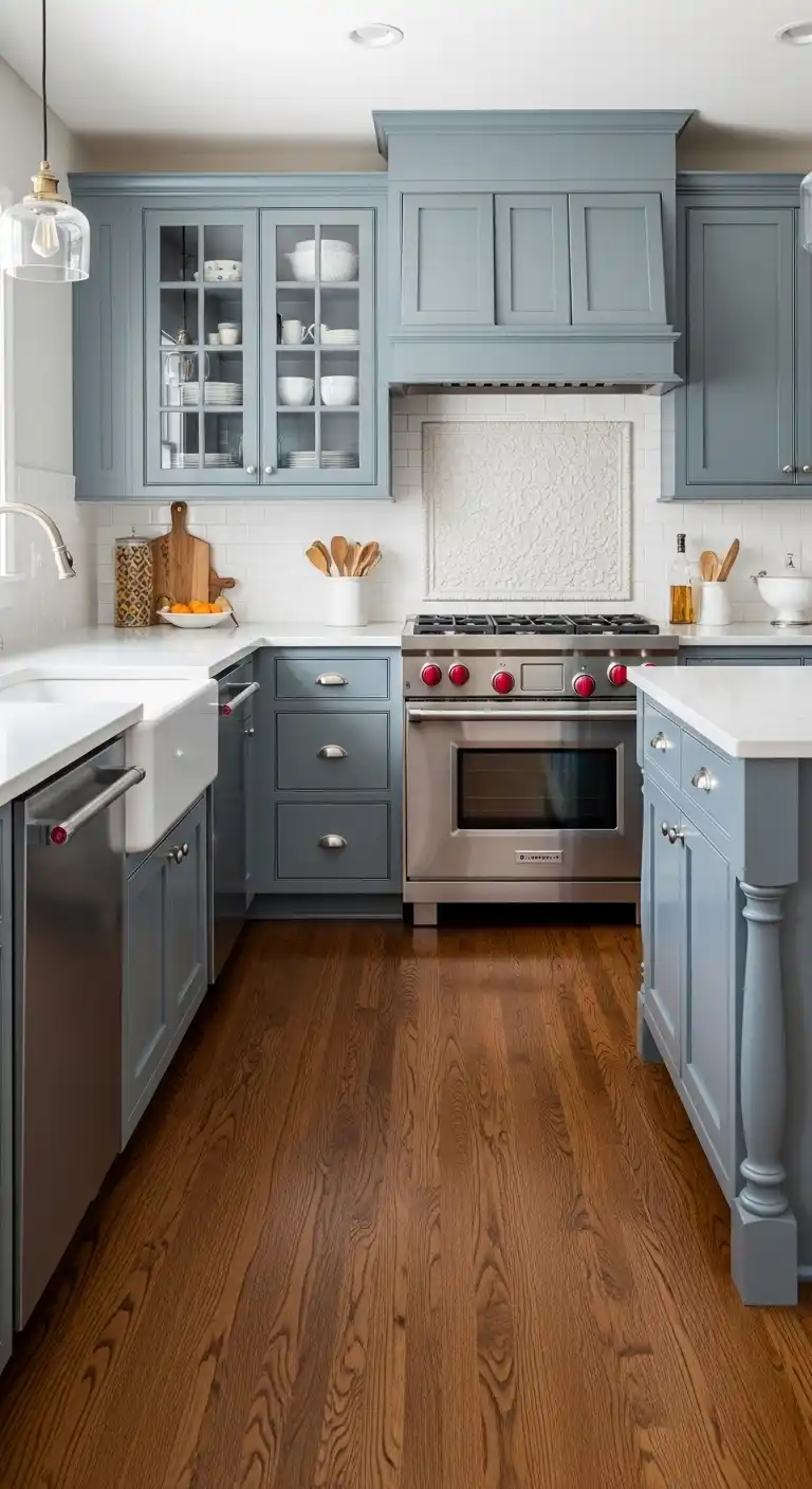 17) Blue gray cabinets matched with medium-tone hardwood floors