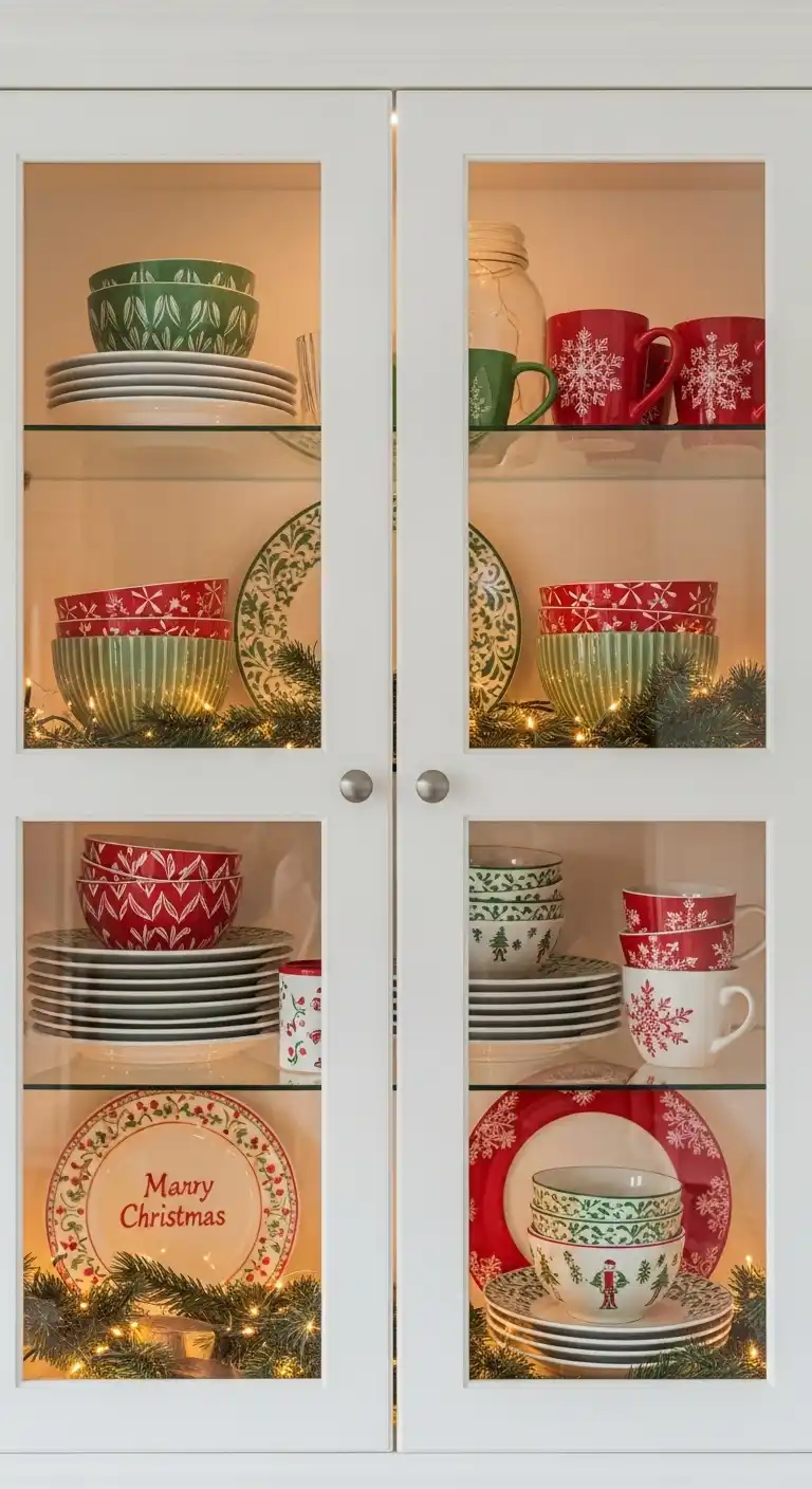 Christmas Kitchen Cabinet Decor Ideas: 21 Festive Looks 18 17) Display Holiday-Themed Dishware in Glass-Front Cabinets
