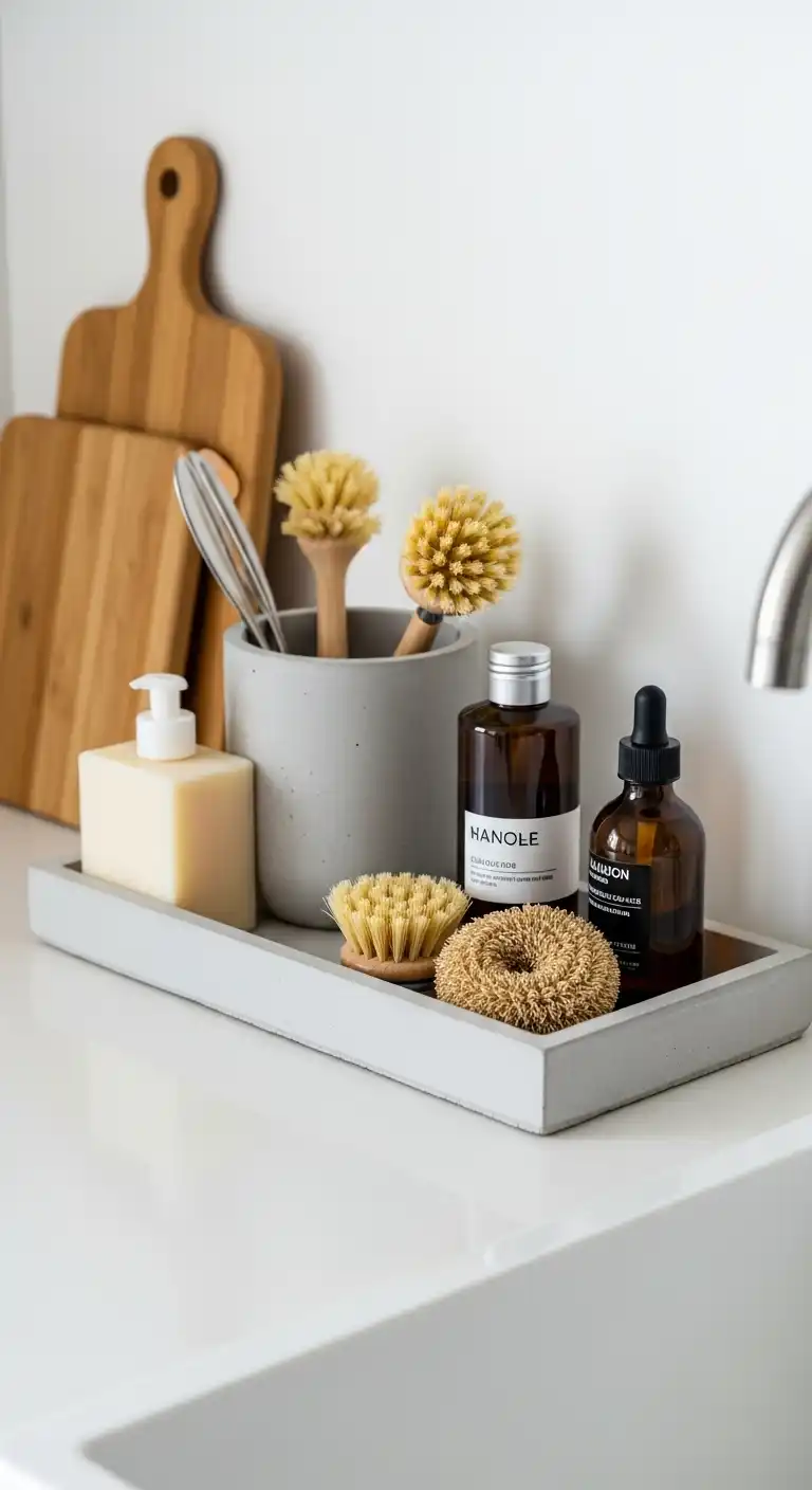 17 Kitchen Counter Top Decor Ideas to Transform Your Space Elegantly 18 17) Minimal concrete tray for kitchen essentials