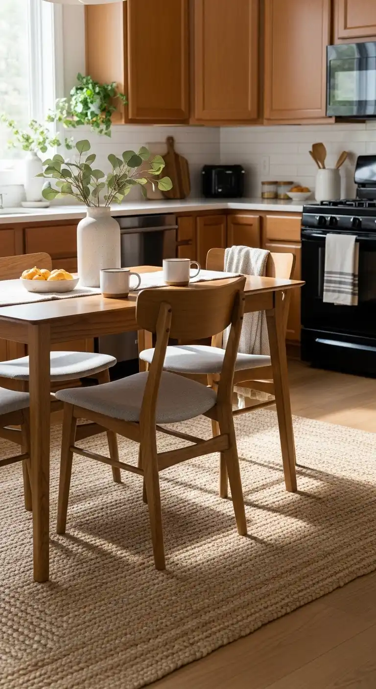 17) Natural fiber rugs in kitchen seating areas