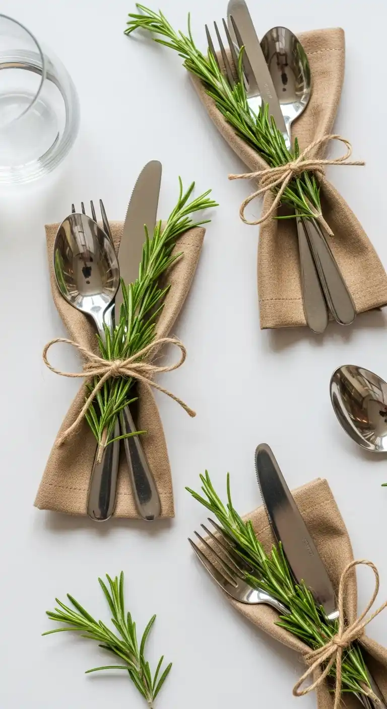 Christmas Table Decorations Ideas: 17 Cozy and Charming Styles 18 17) Twine-wrapped cutlery bundles with rosemary