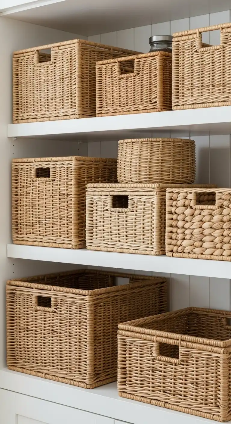 17) Woven wicker baskets for storage