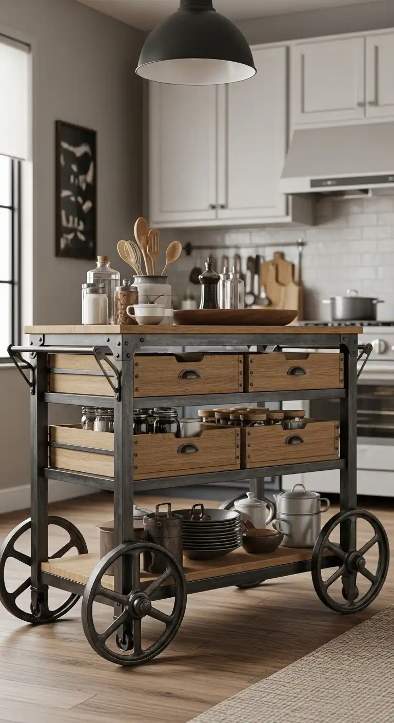 21 Industrial Kitchen Design Ideas for Modern and Efficient Spaces 26 25) Large rolling storage carts with iron wheels
