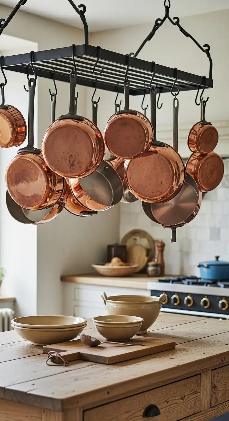 4) Polished copper pots displayed overhead