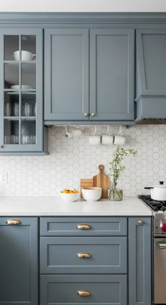 23 Blue Gray Kitchen Cabinets Ideas to Elevate Your Space 7 6) Blue gray kitchen cabinets with white hexagonal tile backsplash